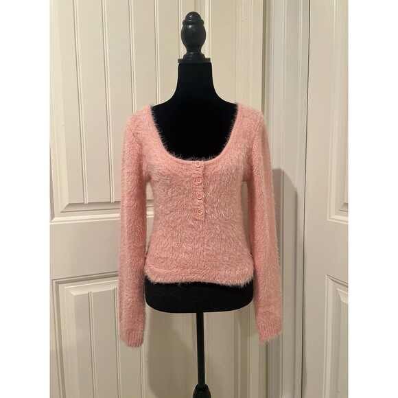 MORE TO COME Fuzzy Faux Mo Hair Long Sleeve Cardigan Womens Button Square Neck L - Picture 1 of 8